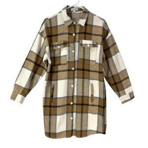 SANGTREE Plaid Long Shirt Jacket Size S Brown White Brown Button Up Oversized